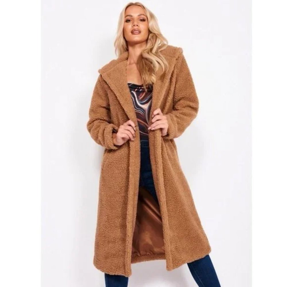 Brown Long Sleeve Hooded Hoodie Long Maxi Borg Teddy Bear Fur Coat - Picture 13 of 15